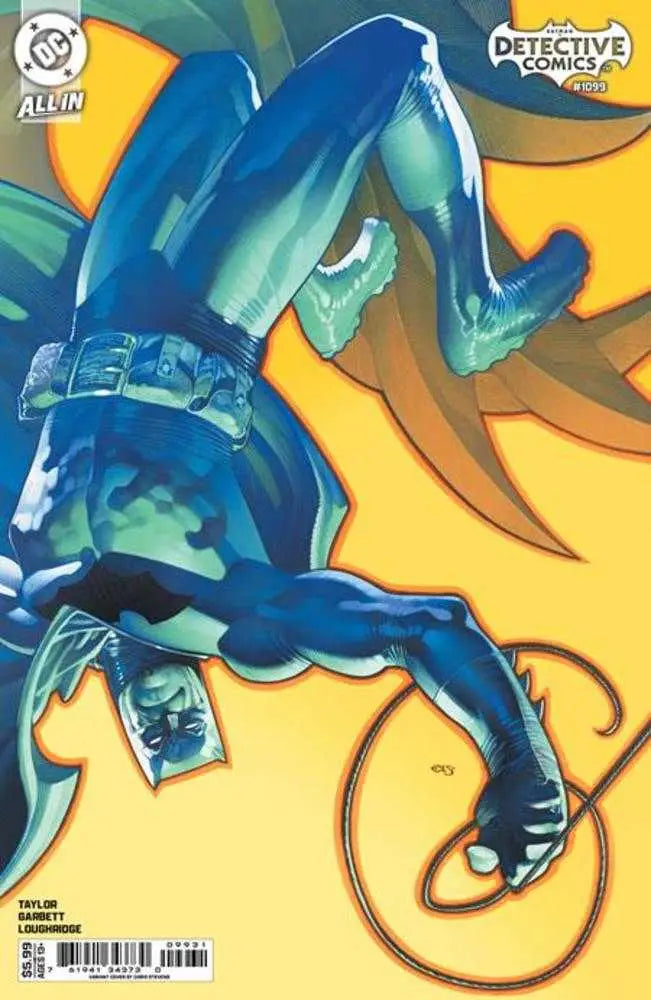 Detective Comics #1099 cover featuring Batman upside down on yellow background, Chris Stevens card stock variant