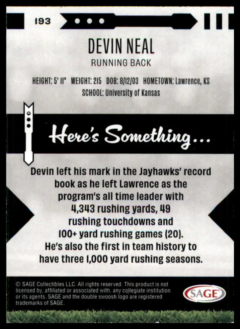 Devin Neal football card from Sage Hit 2025 Kansas Jayhawks series
