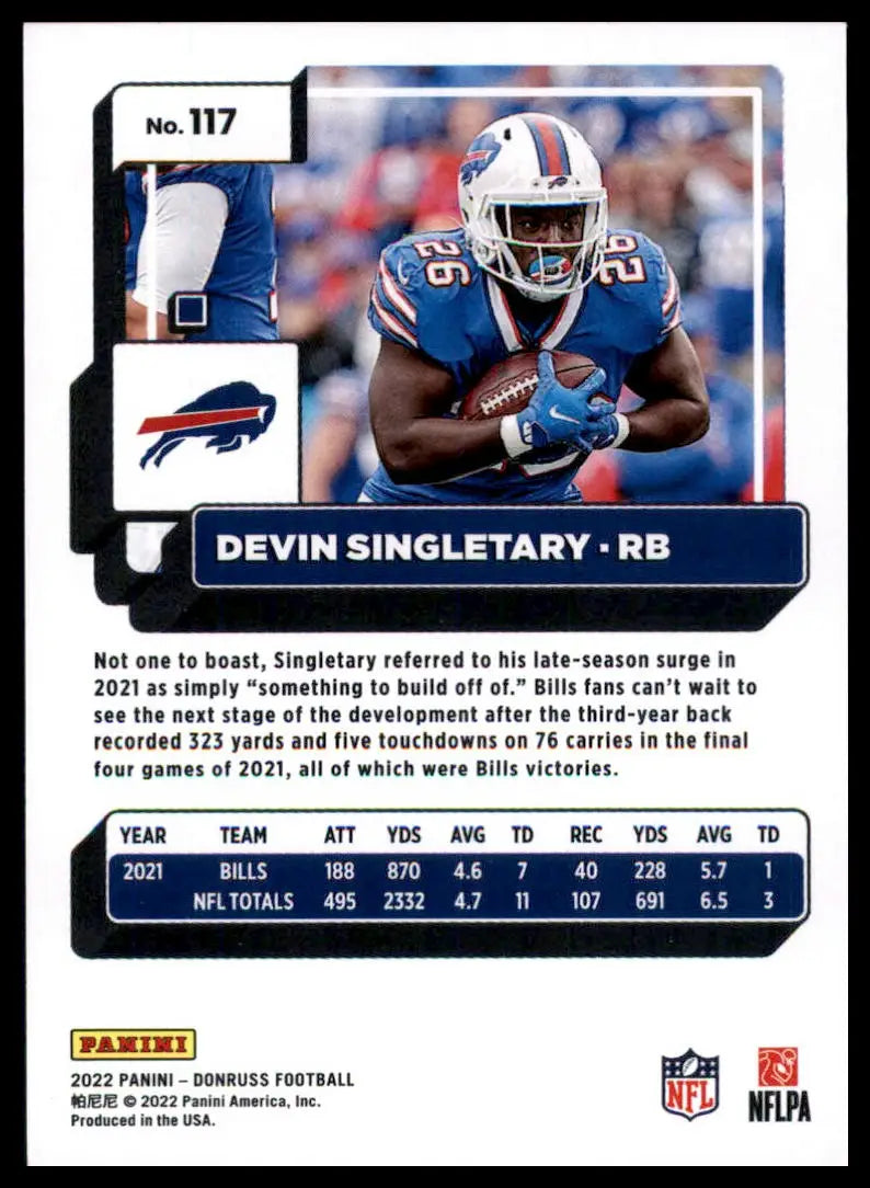 Devin Singletary football card from 2022 Donruss Buffalo Bills product