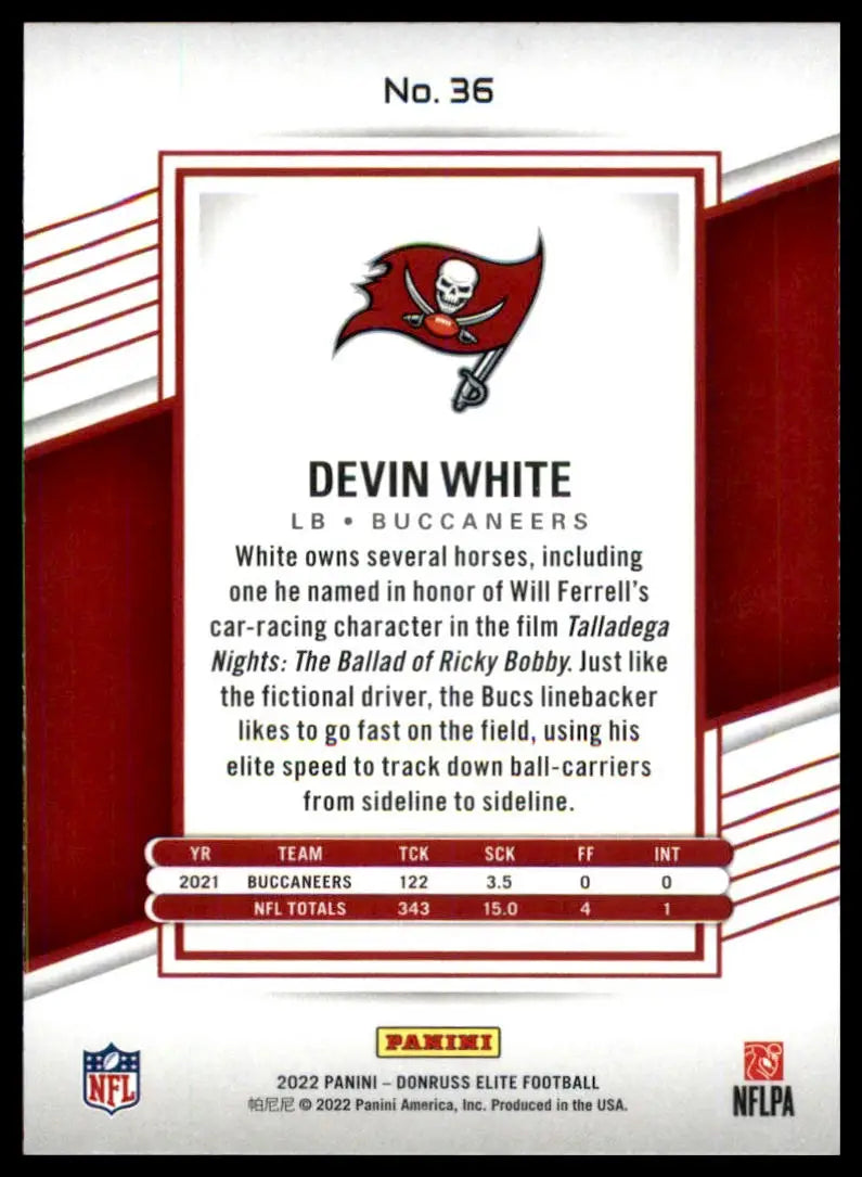 Devin White football card from Donruss Elite 2022 Tampa Bay Buccaneers collection