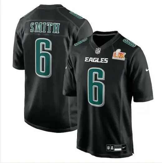 Black Philadelphia Eagles Nike Super Bowl LIX jersey with SMITH 6 on the back