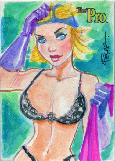 Stylized illustration of a blonde woman in a bikini top on DH 2017 sketch card