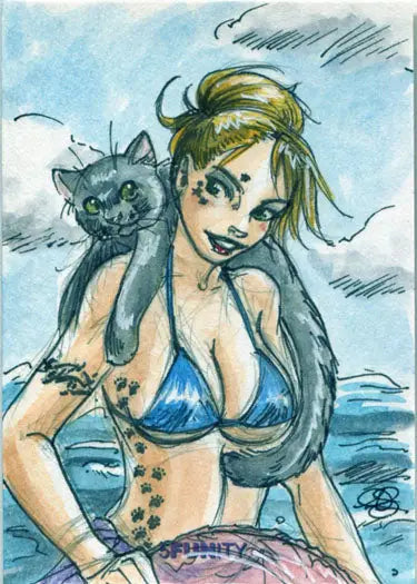 Cartoon drawing of a woman in a blue bikini with a gray cat on a beach, 5funity sketch card