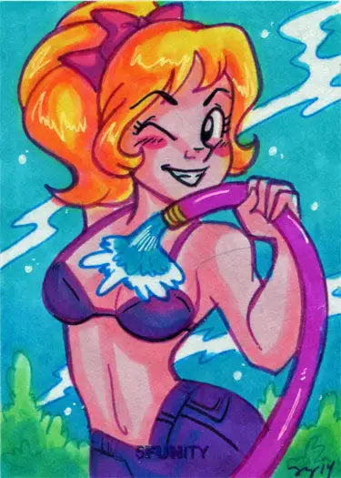 Cartoon-style blonde woman in purple top holding pink hoop on 5funity Sketch Card