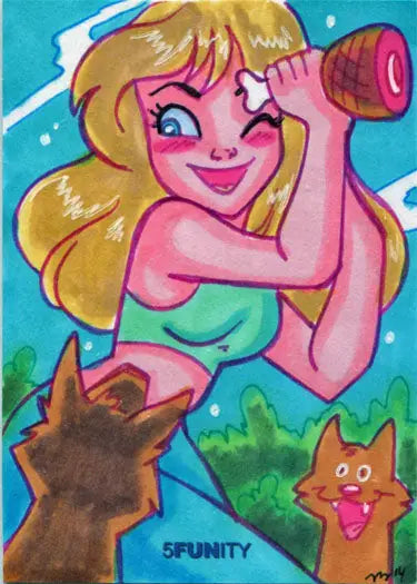 Cartoon mermaid with blonde hair drinking from a pink bottle on 5funity Sketch Card