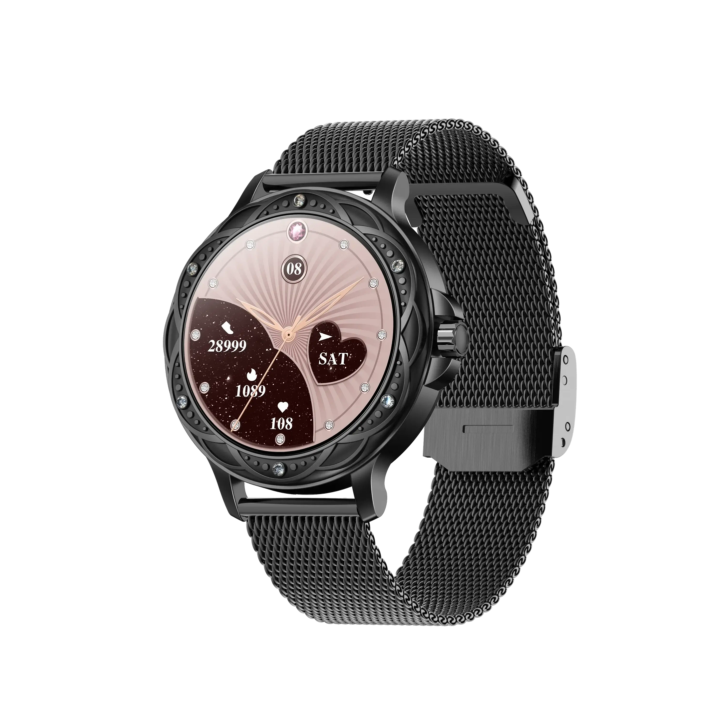Black diamond smartwatch high quality with mesh band, circular display showing time and health data