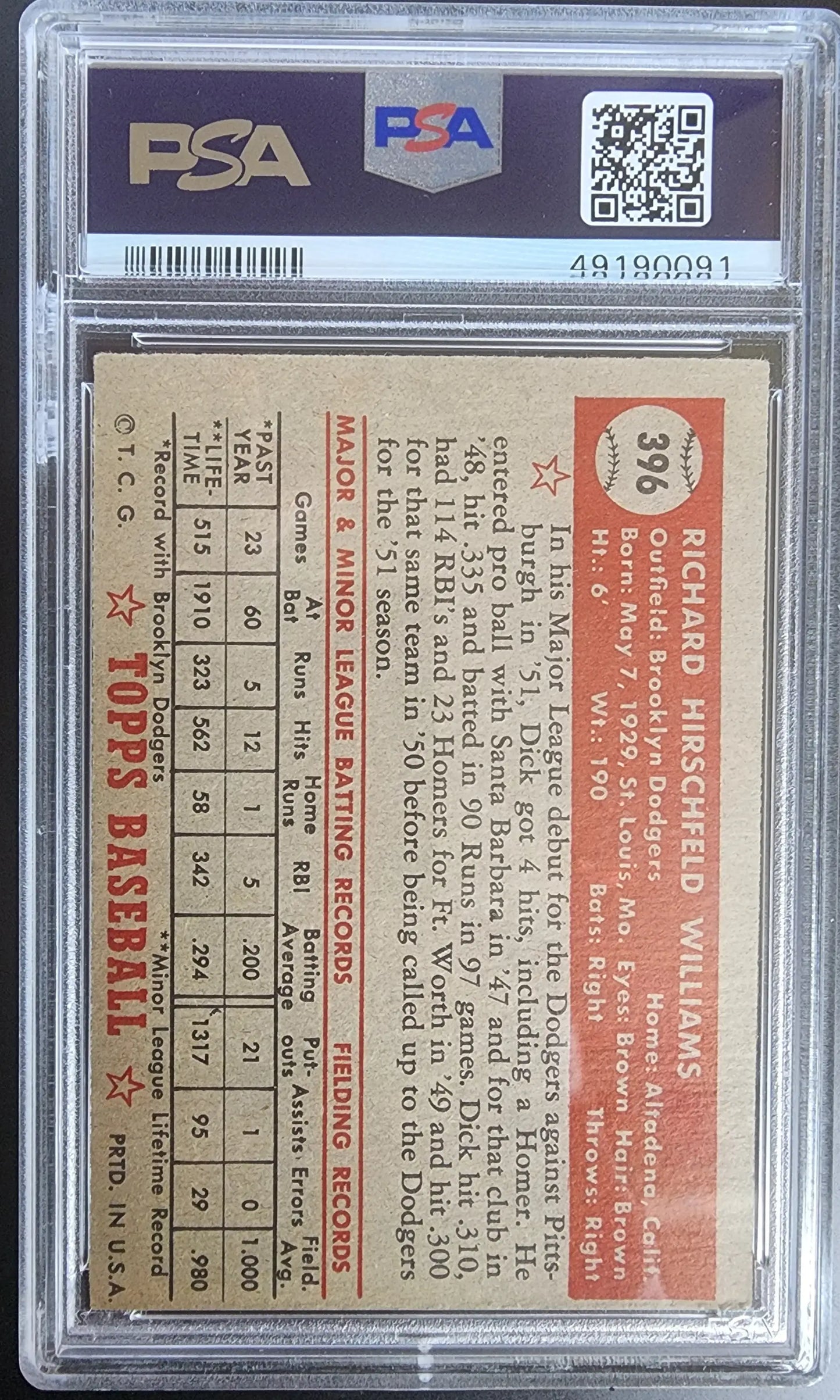 PSA-graded Dick Williams 1952 Topps #396 baseball card reverse in protective case