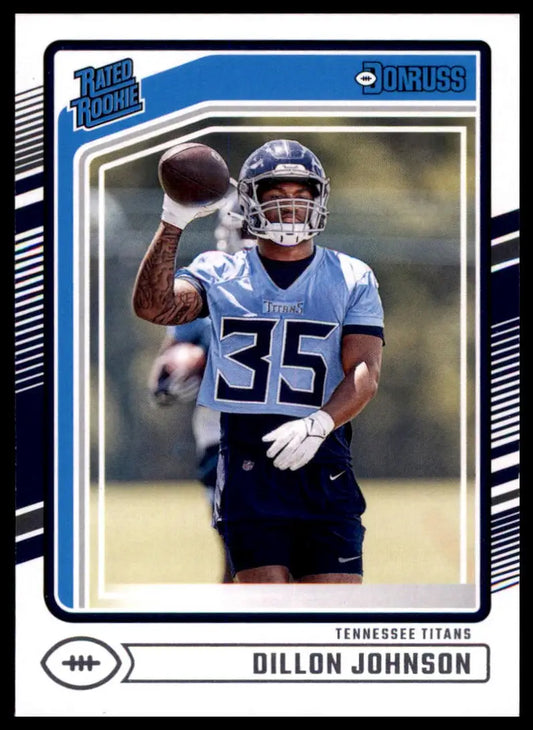 Football trading card featuring Dillon Johnson Rookie 2024 Donruss Tennessee Titans