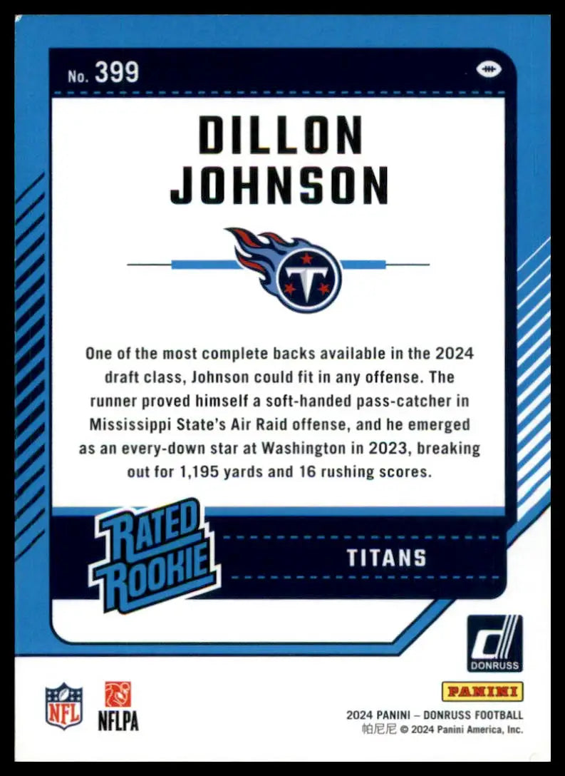 Dillon Johnson football card from Dillon Johnson Rookie 2024 Donruss Tennessee Titans product