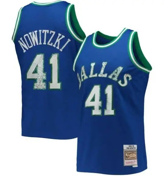 Blue basketball jersey with white trim featuring Dirk Nowitzki for NBA 75th Anniversary