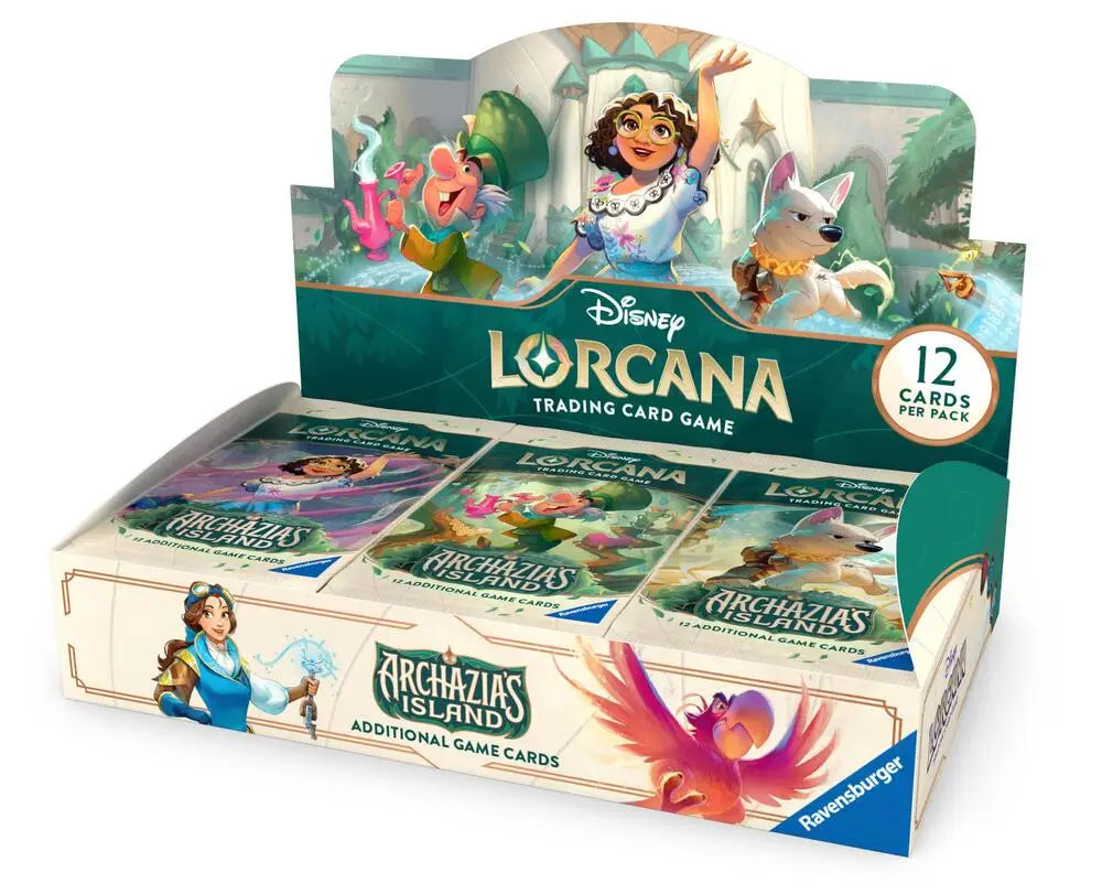 Disney Lorcana Archazia’s Island booster box showing colorful trading cards