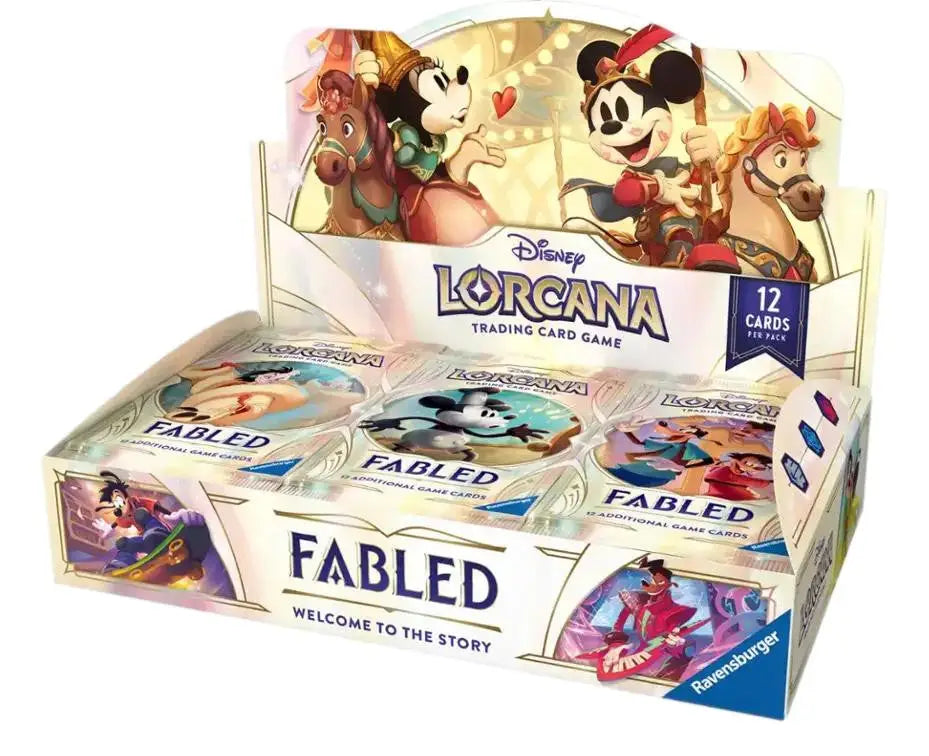 Disney Lorcana Fabled booster box with display of trading card game packs