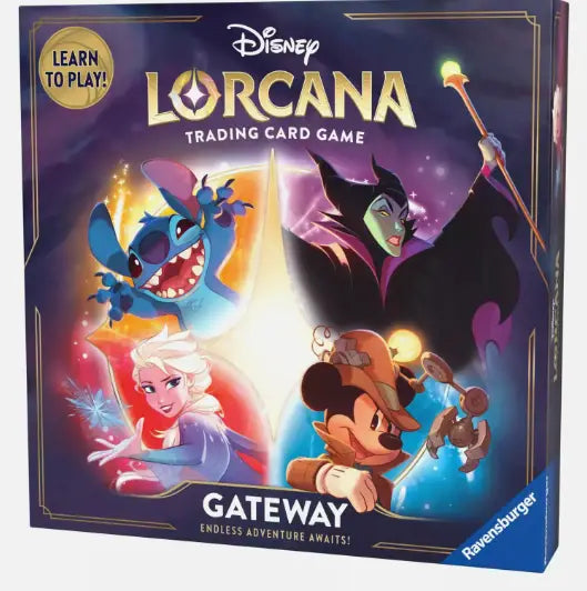 Disney Lorcana Gateway box features Stitch, Maleficent, and Mickey Mouse trading cards