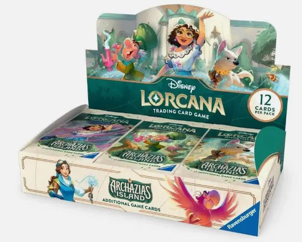 Disney Lorcana trading card game booster box featuring Archazia’s Island Lilo