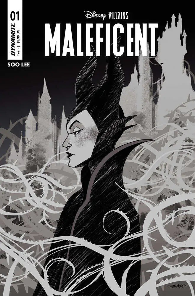 Black and white Maleficent illustration for Disney Villains trading cards variant edition