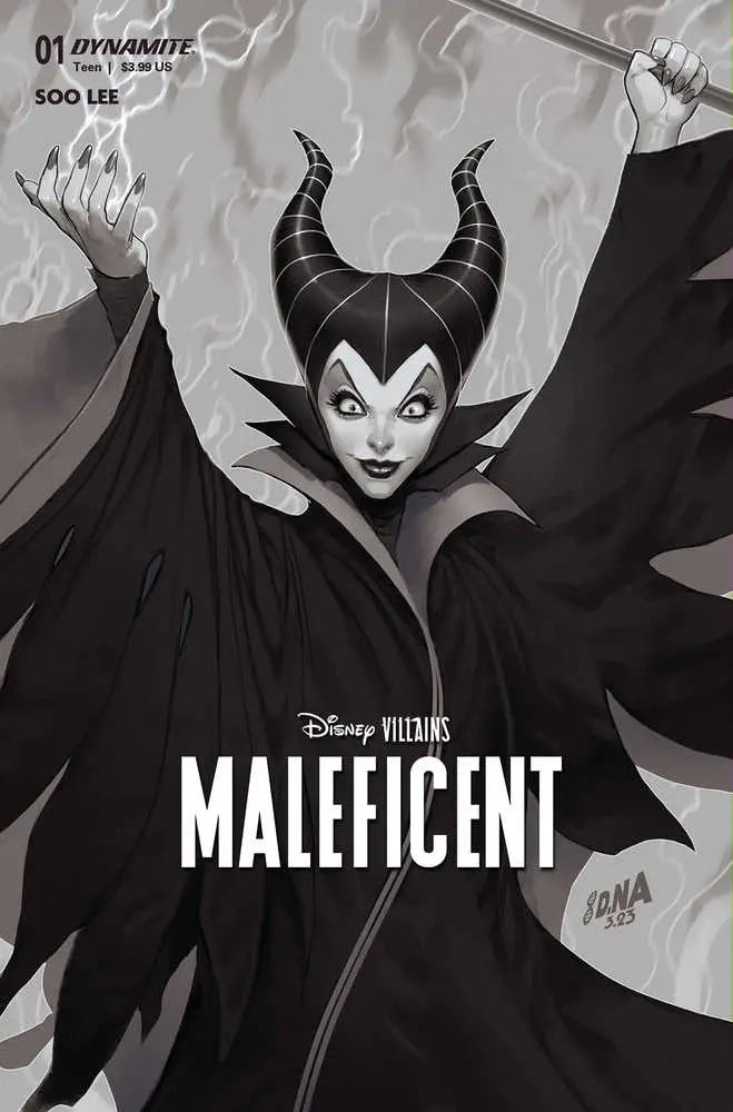 Black and white comic book cover featuring Disney Villains Maleficent for trading cards