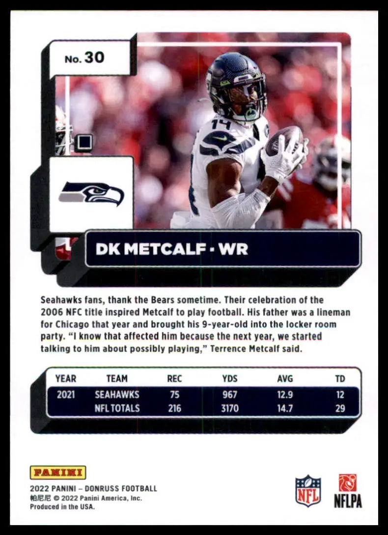 DK Metcalf football card from 2022 Donruss Seattle Seahawks collection