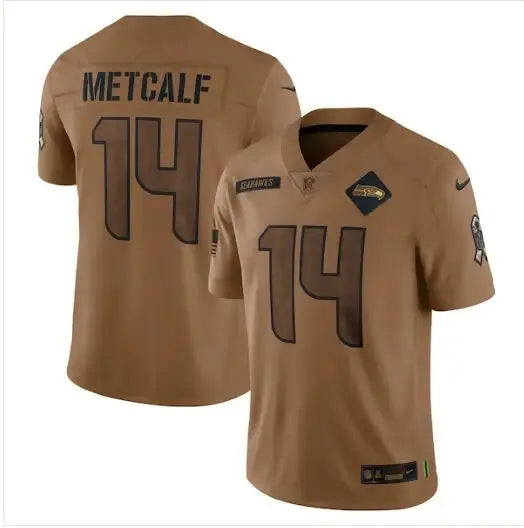Brown DK Metcalf Seattle Seahawks Nike 2023 Salute To Service jersey front and back