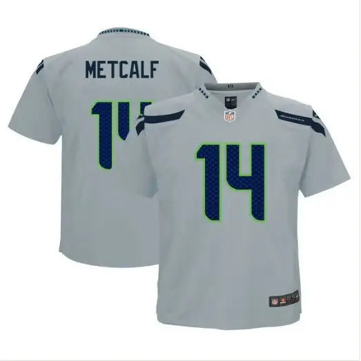 Grey football jersey with METCALF and 14 in blue and green trim for Seattle Seahawks infant jersey