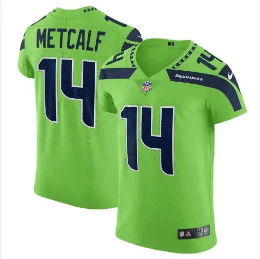 Vibrant green DK Metcalf Seattle Seahawks Nike Vapor Elite football jersey with number 14
