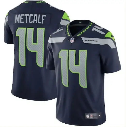 Dark blue Seattle Seahawks Nike Vapor Limited jersey with number 14 and METCALF on back