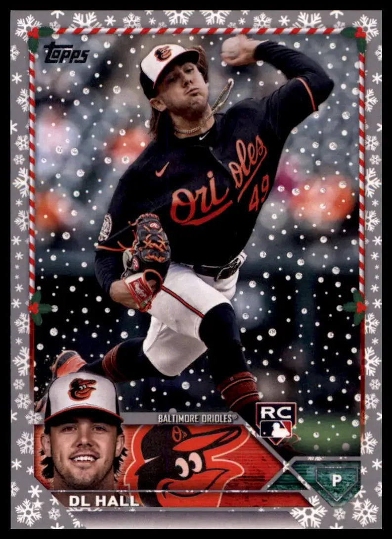 DL Hall baseball card from 2023 Topps Holiday Metallic set featuring Baltimore Orioles