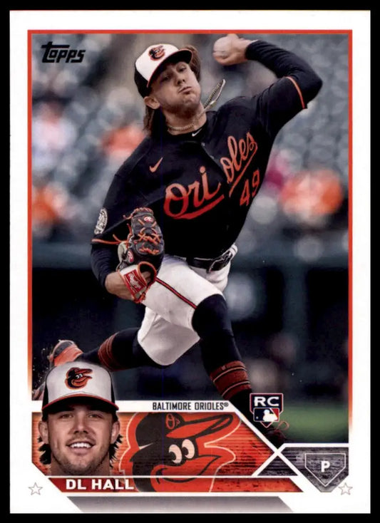DL Hall baseball card from the 2023 Topps Rookie series featuring Baltimore Orioles