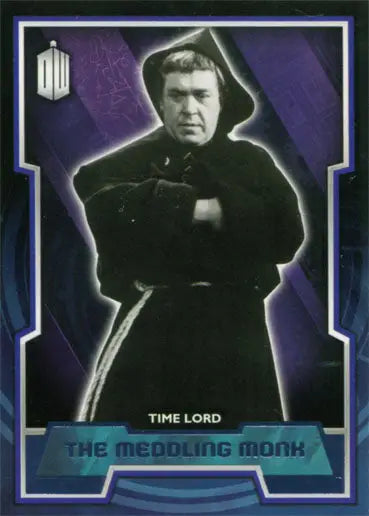 Time Lord and The Meddling Monk in dark hooded robe on Doctor Who purple foil card