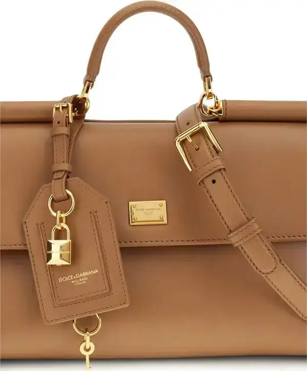 DOLCE & GABBANA butterscotch leather Sicily handbag with top handle, shoulder strap, gold padlock