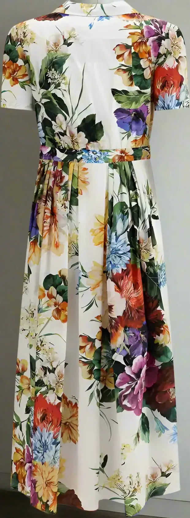 White floral print midi dress with short sleeves and pleated skirt, Dolce & Gabbana bouquet print chemisier
