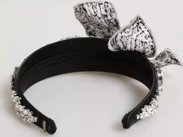 Black headband with white and black patterned bow and Gabbana Limoni crystal embellishments