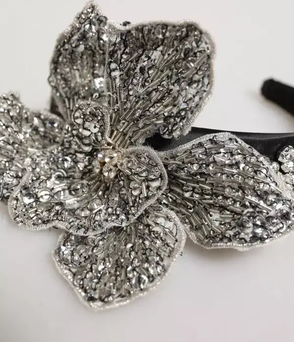 Shimmering silver beaded and sequined floral embellishment on Gabbana Limoni Crystal Headband