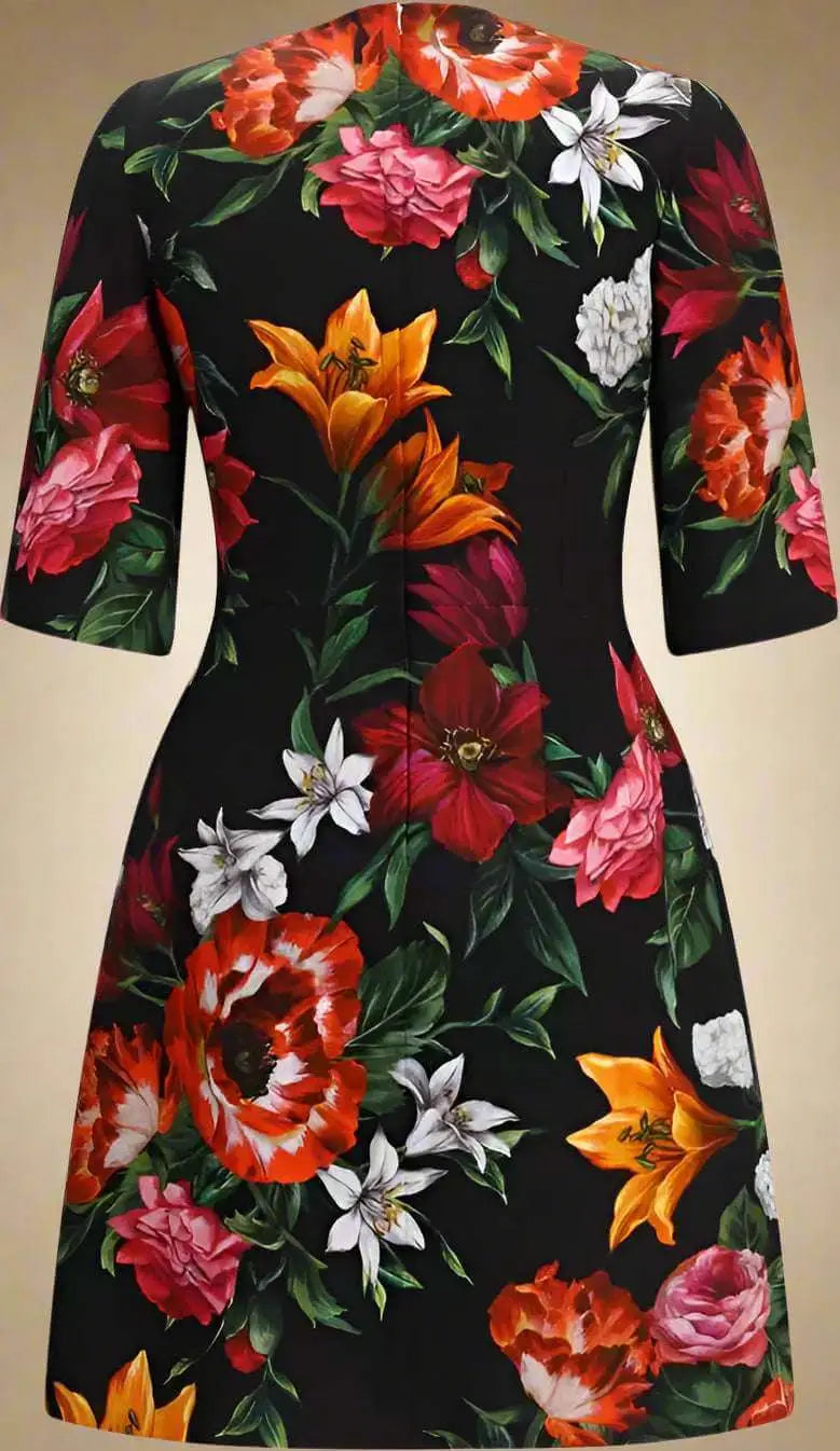 Black floral print midi dress with three-quarter sleeves from Dolce & Gabbana Italy