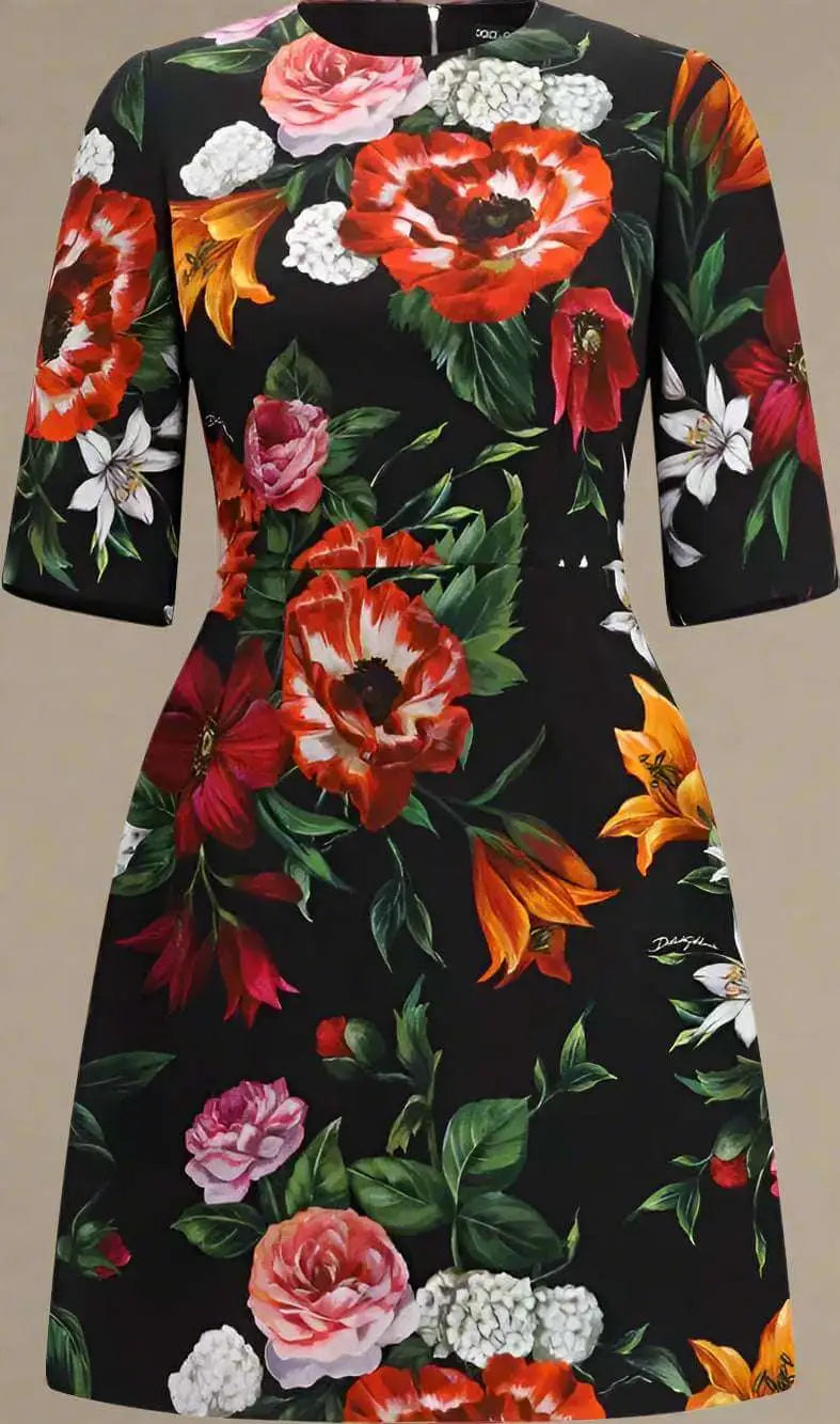 Black floral print midi dress with three-quarter sleeves from Dolce & Gabbana Italy