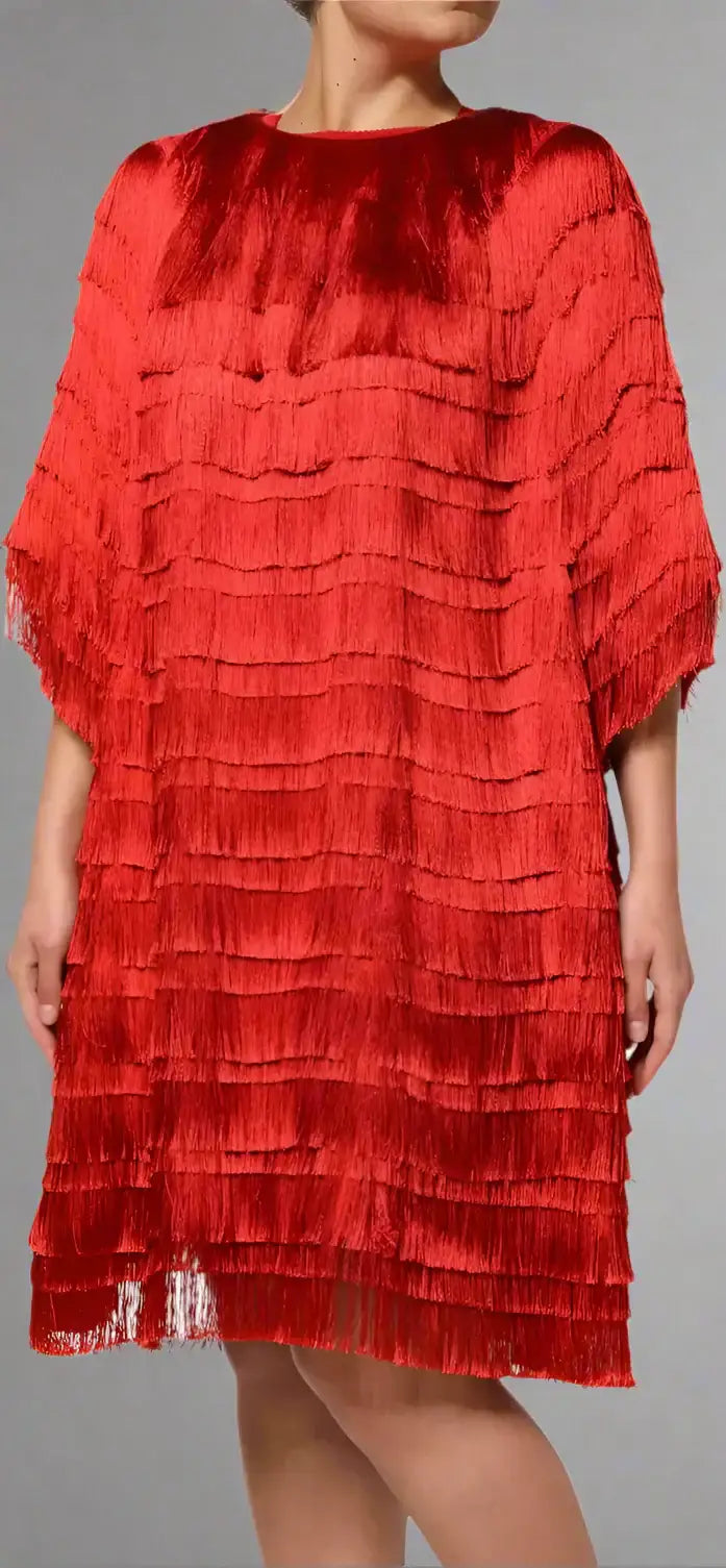 Gabbana red silk fringed shift dress with knee length tiers for elegant style