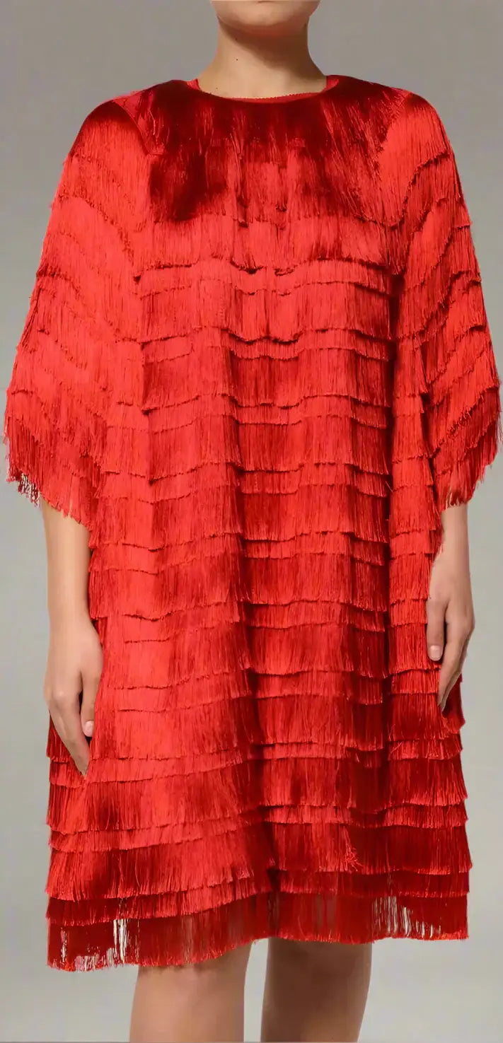 Gabbana red silk fringe-tiered shift dress displayed at knee length