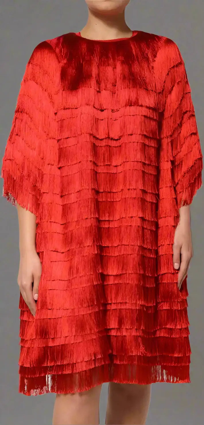 Dolce & Gabbana red silk fringe shift dress with elbow-length sleeves and round neckline