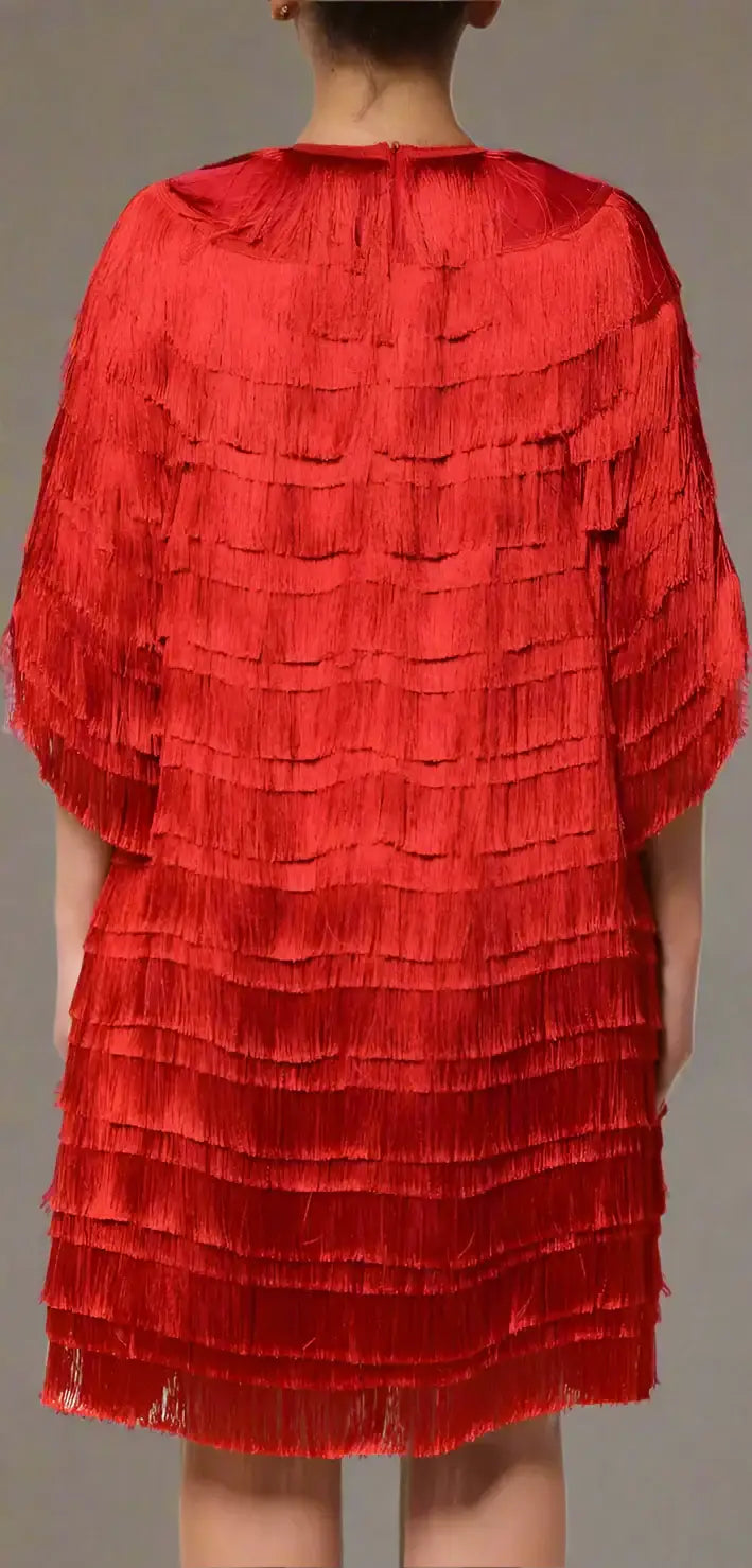 Dolce & Gabbana Red Silk Tiers Fringe Shift Knee Length Dress showcasing red silk and fringe details