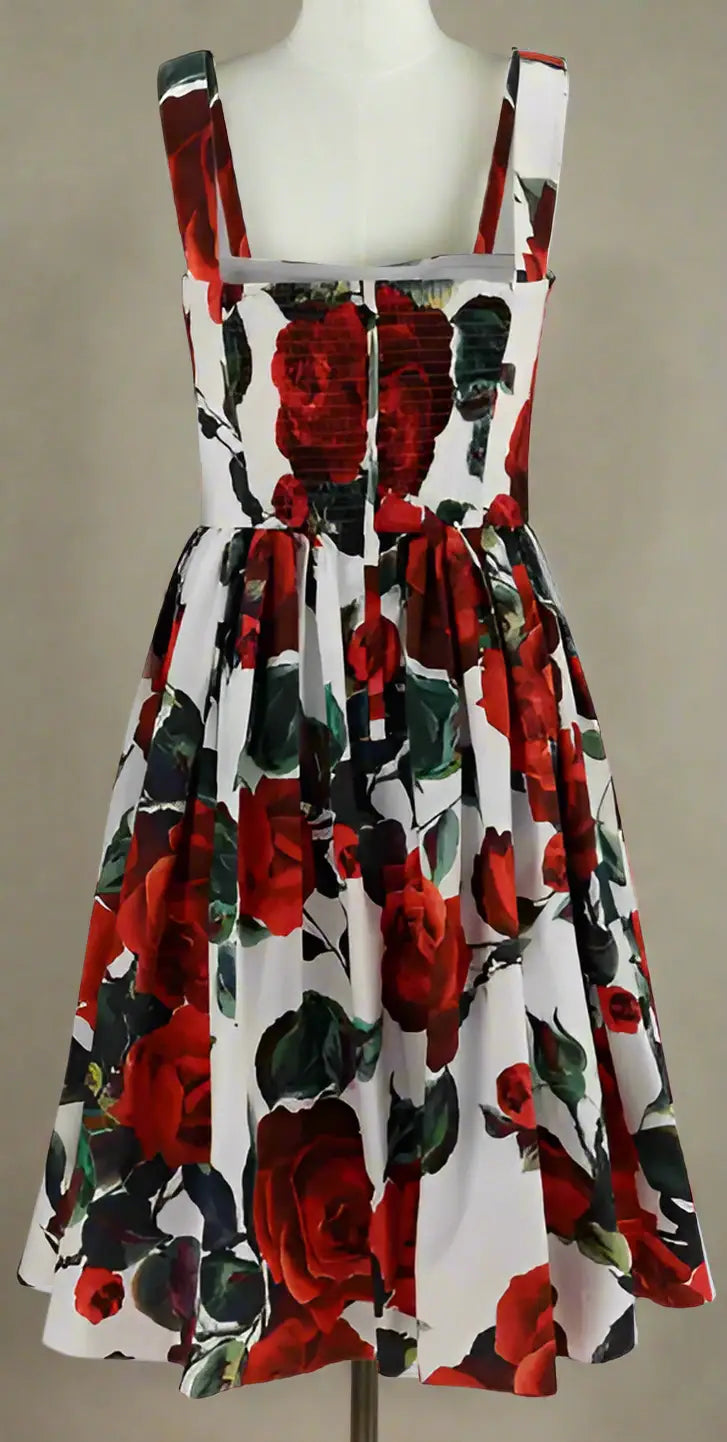 White rose patterned midi dress with thick shoulder straps from Dolce & Gabbana