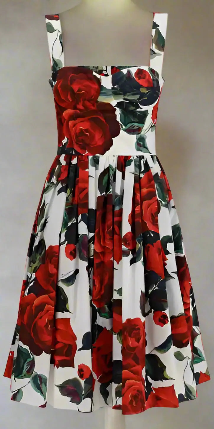 White sundress with red rose patterned midi print from Dolce & Gabbana