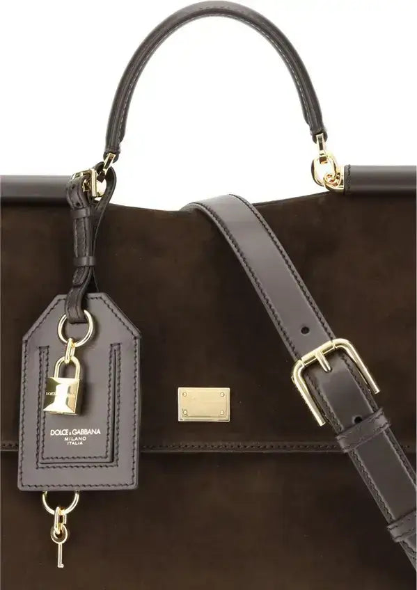 DOLCE & GABBANA Sicily brown suede handbag with leather details, top handle, and shoulder strap
