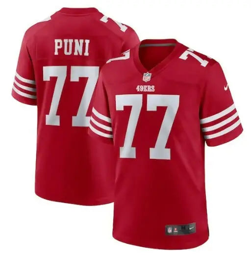Red San Francisco 49ers football jersey with number 77 from Dominick Puni Nike Team Game Jersey Scarlet