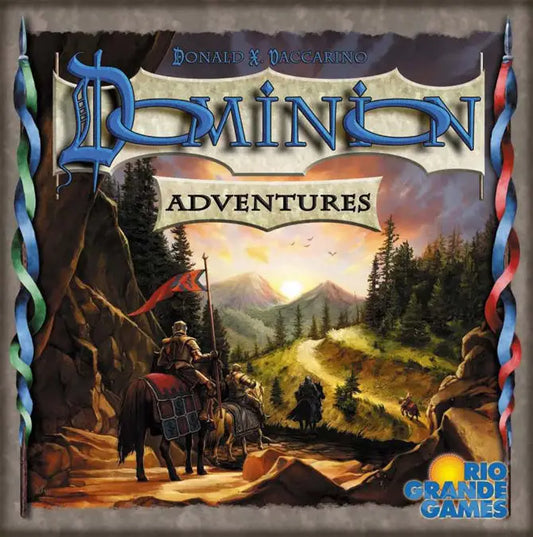 Dominion Adventures Expansion board game showing detailed game components and artwork
