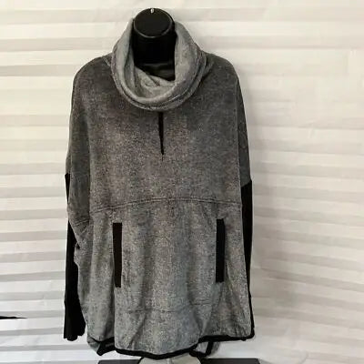 Donna Karan sleepwear cowl neck hoodie in Heather grey with black sleeves and pockets
