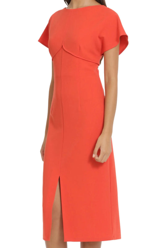Donna Morgan coral midi dress with flutter sleeves and front slit for women’s office or lunch