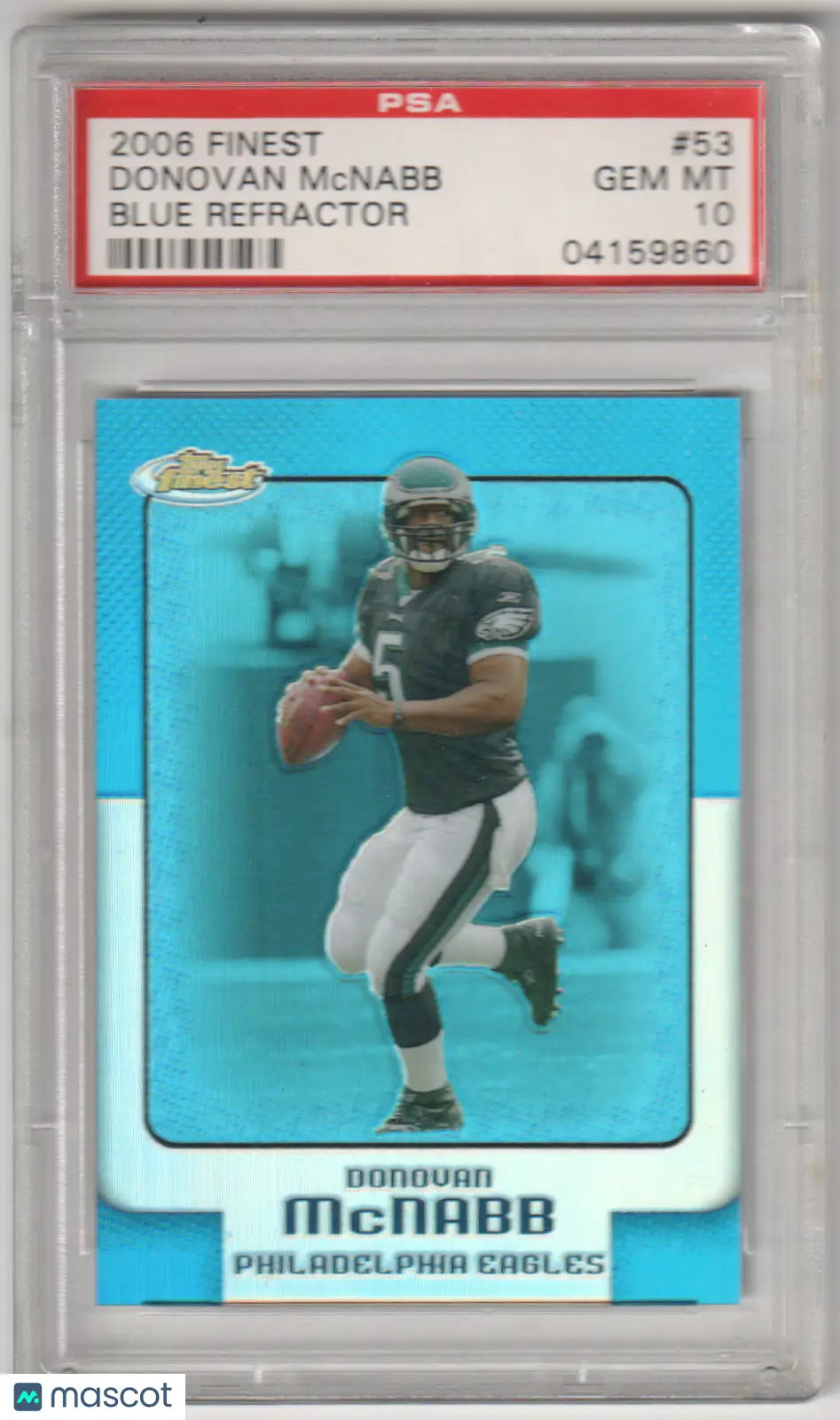 Graded 2006 Finest Donovan McNabb Blue Refractor PSA 10 GEM MT football card from Columbia Hobby