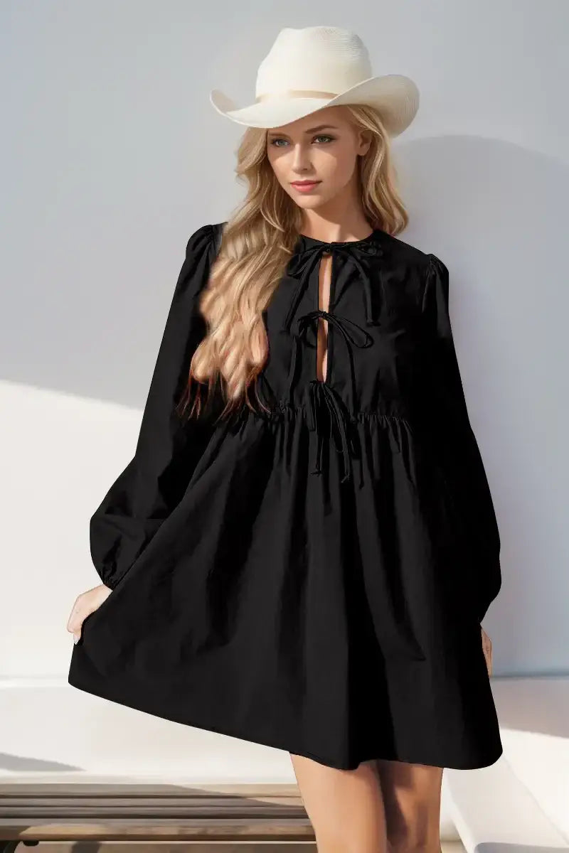 Double Take Christmas Front Tied Long Sleeve Mini Dress - Black / S - Long Sleeve Mini Dress