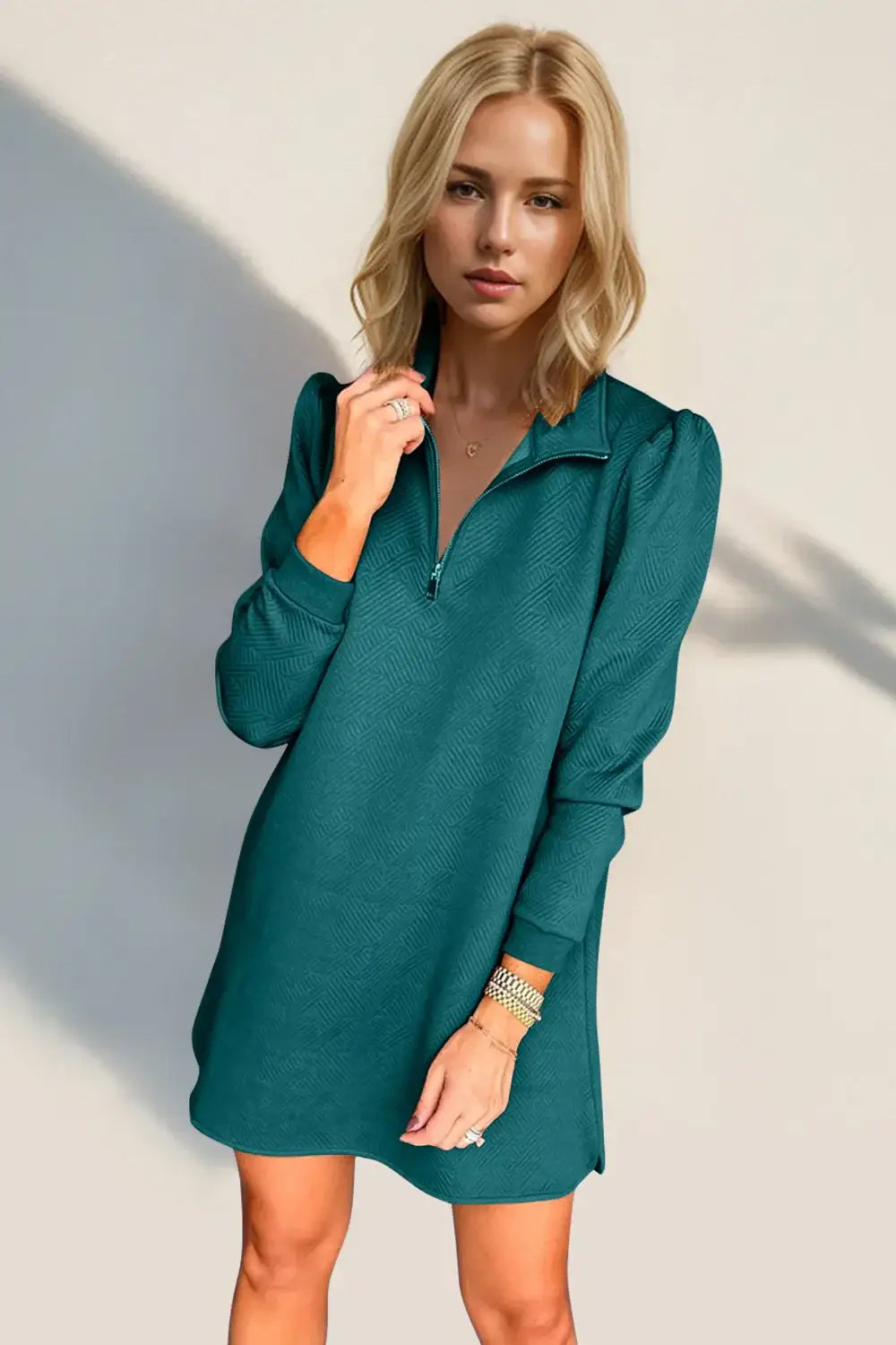 Double Take Textured Quarter Zip Long Sleeve Dress - Long Sleeve Dress