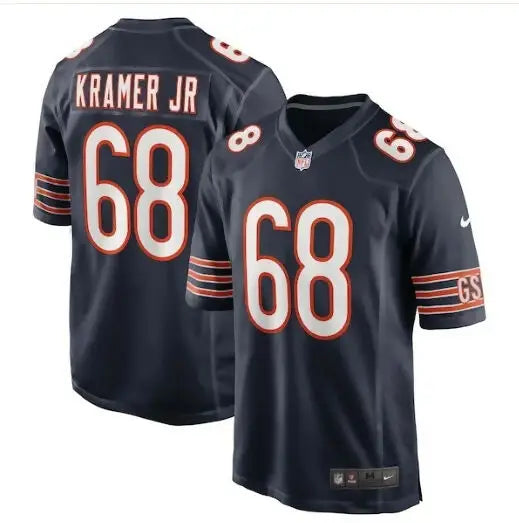 Dark blue Chicago Bears Nike game jersey with number 68 and KRAMER JR on the back