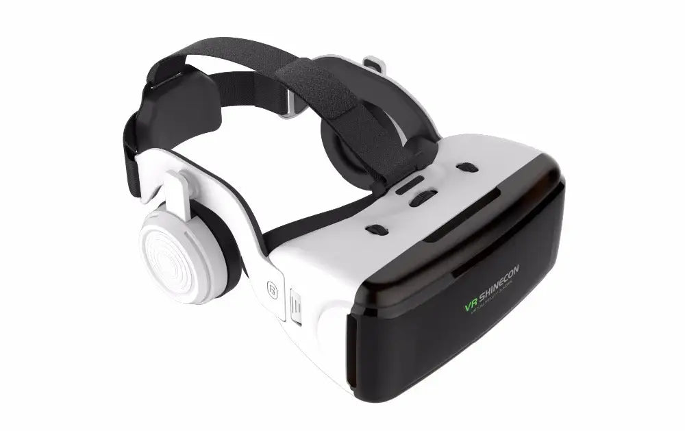 Black and white VR headset with integrated headphones from Dragon Magic G6 for immersive gaming within business days